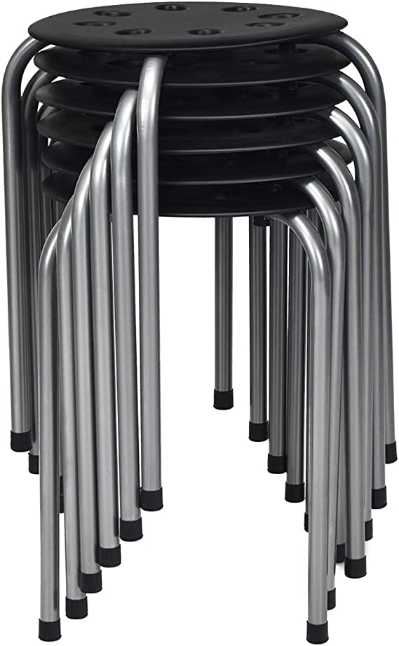 Costway 6-Pack Plastic Stack Stools, 17.5Inch Portable Stackable Stools with Metal Frame, Backless School Classroom Decoration Stools with Round Top Ideal for Kids Children Students, Black and Steel