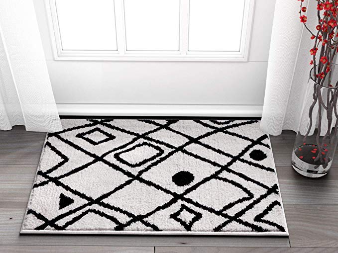 Mara Beni Ourain Black & White Modern Moroccan Trellis Microfiber 2x3 (20" x 31") Area Rug Doormat Accent SmallVintage Tribal Carpet
