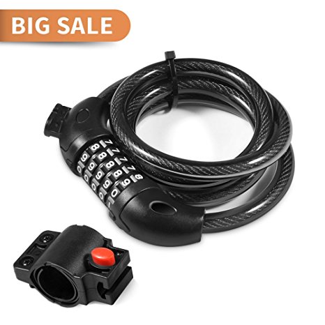 (BIG SALE) Bike Lock, Ejoyous 4 Feet 5 Resettable Digit Combination Self- Coiling Cable Lock with Mounting Bracket for Bicycle Outdoors