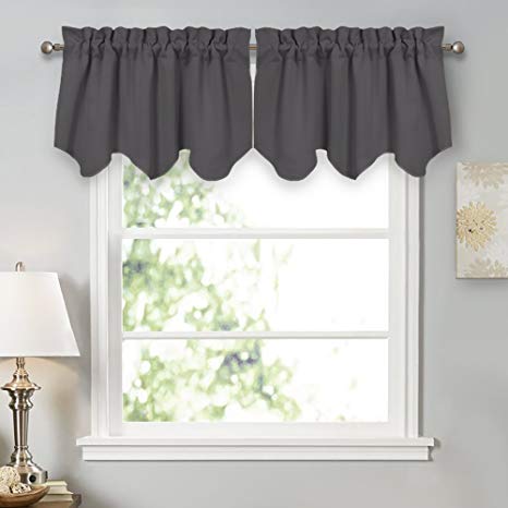 PONY DANCE Kitchen Scalloped Valances - Window Treatments Short Curtains Tiers Rod Pocket Top Curtain Valances Light Block for Kitchen & Bedroom, 42 x 18 Inch, Grey, 2 Panels
