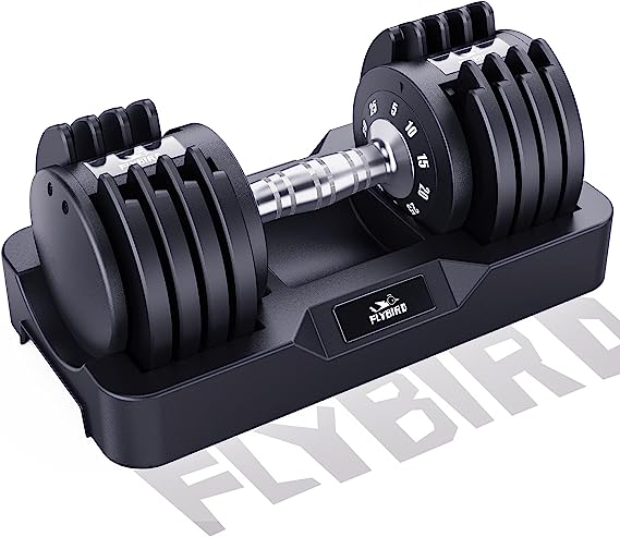 FLYBIRD Adjustable Dumbbell,25LB/25LBx2 Dumbbell for Men and Women with Anti-Slip Metal Handle,Fast Adjust Weight by Turning Handle, Black Dumbbell with Tray Suitable for Full Body Workout Fitness