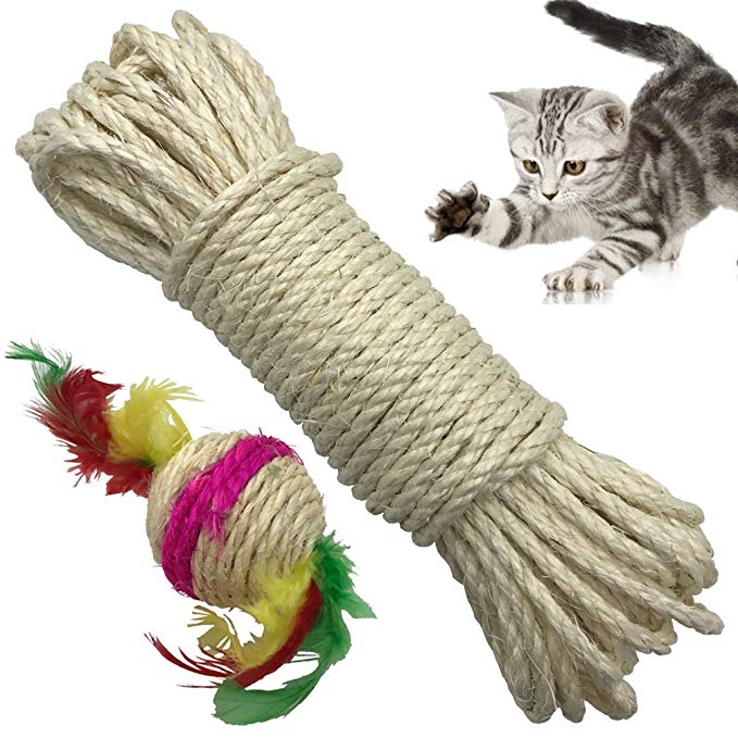 Yangbaga Cat Natural Sisal Rope for Scratching Post Tree Replacement, Hemp Rope for Repairing, Recovering or DIY Scratcher, 6mm Diameter, Come with a Sisal Ball
