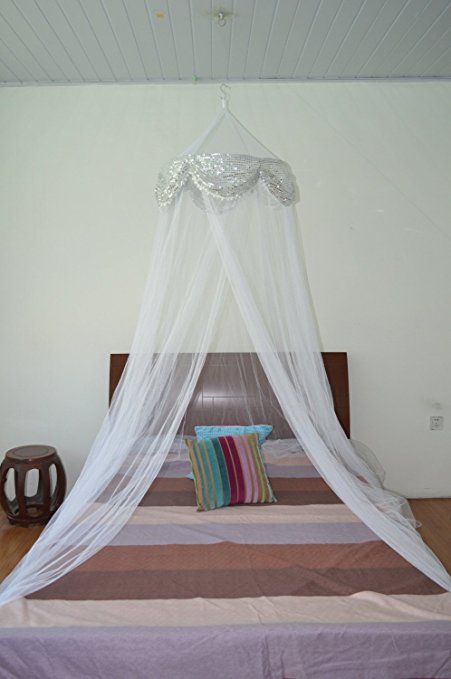 Sequins Bed Canopy Mosquito Net for All Size Bed Outside Party Events (White)