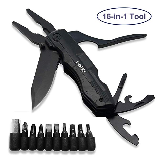 Bravedge Multi Tool Pliers, Folding Multi-Purpose Pocket Knife Hand Tool kit with Knife, 10 Screwdriver Bits, Nylon Pouch, Ideal for Camping, Survival, Cycling, Hiking, DIY Work