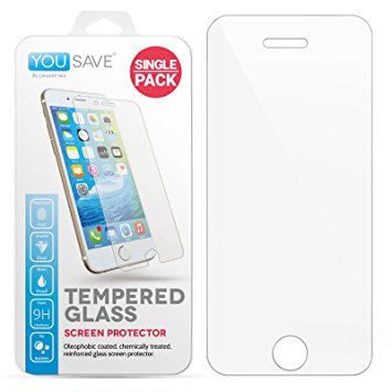 Yousave Accessories iPhone 5 / 5S / 5C Crystal Clear Tempered Glass Screen Protector [Ultra Thin 0.3mm / 9H Hardness Rating] Fits All iPhone 5 / 5S / 5C