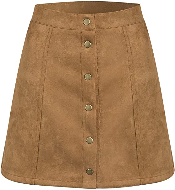 PERSUN Women's High Waist Faux Suede Button Front Plain A-Line Mini Skirt
