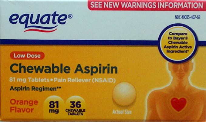 Equate Aspirin 81 Mg, Adult Low Dose, Orange Flavor, 36 Chewable Tablets, (Compare to Bayer Chewable Aspirin)