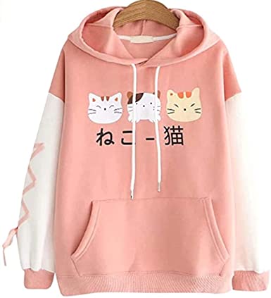 CRB Fashion Cosplay Anime Bunny Emo Girls Cat Bear Ears Emo Bear Top Shirt Pullover Sweater Hoodie (Cat Pink #8)