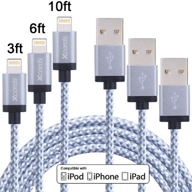 Xcords 3pcs 3Ft 6Ft 10Ft Nylon Braided Charging Cable Data & Sync Charging Cord 8-Pin Lightning to USB Cable Charger for iPhone6/6s/6 plus/6s plus, iPhone 5/5s/5c,iPad, iPod Nano 7,iPod 5