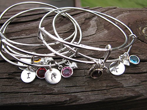 Childs Personalized Expandable Silver Bangle with Heart Charm and Birthstone Crystal