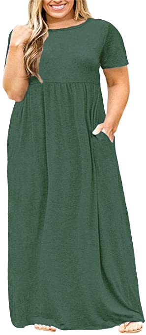 Nemidor Women Short Sleeve Loose Plain Casual Plus Size Long Maxi Dress with Pockets