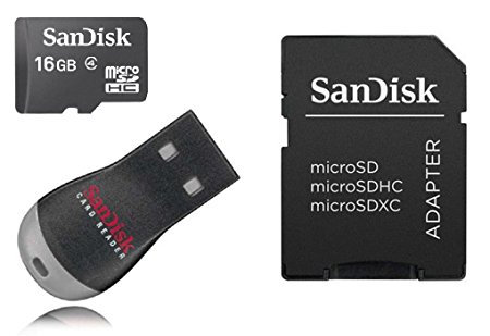 SanDisk 16GB MicroSDHC Memory Card Bundle with microSD/microSDHC/microSDXC Adapter and Card reader