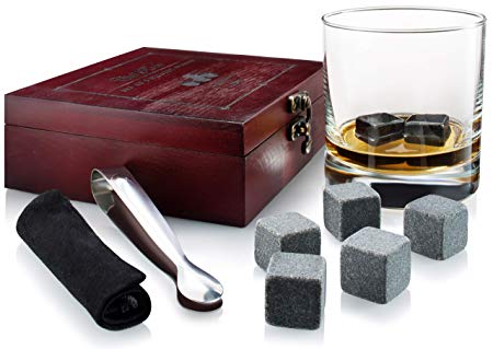 Gift Set of 8 Whiskey Chilling Stones [Chill Rocks] - in Premium Wooden Gift Box with Stainless Steel Tongs and Velvet Carrying Pouch - Made of 100% Pure Soapstone - by Quiseen