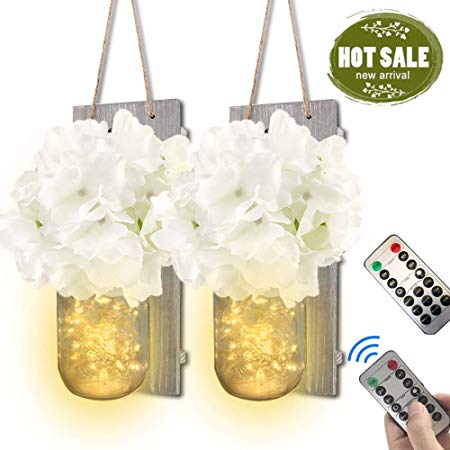 Mason Jar Fairy Lights Sconce—Home Wall Decor Remote Control with LED Timer Rustic Wooden Board Bronze Retro Hooks(Set of 2)