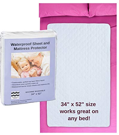 Waterproof Incontinence Bed Protector Pad-Machine Wash and Dry. Three Layers Absorb and Prevent Leaks. Big 34" x 52" Size.