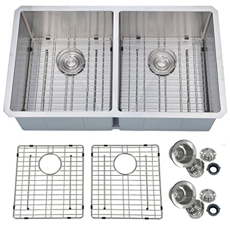 PRIMART Handcrafted 33" Inch 50/50 Double Equal Bowl Undermount 16 Gauge Stainless Steel Kitchen Sink With Bottom Grid