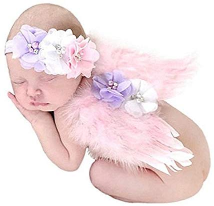 CIARAQ Feather Angel Wings Rhinestone Headband Set Baby Chiffon Flower Headband Hair Accessories Newborn Photo Prop Costume (Pink)