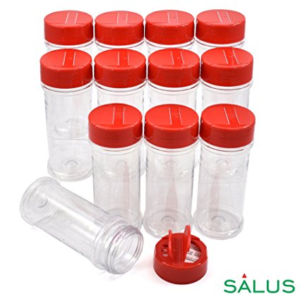 SALUSWARE - 12 PACK - 5.5 Oz with Red Cap - Plastic Jars Bottles Containers – Perfect for Storing Spice, Herbs and Powders – Lined Cap - Safe Plastic – PET - BPA free - Made in the USA