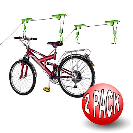 Bike Lane Products Bicycle Storage Lift Bike Hoist 100Lb Capacity Heavy Duty 2 Pack, Green