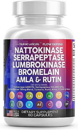 Nattokinase 4000 FU Serrapeptase 120000 SPU Lumbrokinase Enzyme Supplement with Bromelain Papain Papaya Enzymes Rutin Extract Amla Magnesium Vitamin B6 & VIT C Capsules Pineapple Pills Made in USA