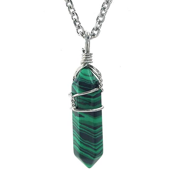 KONOV Mens Womens Natural Gemstone Malachite Hexagonal Prism Pile Pendant Necklace, 24 inch Chain, Green