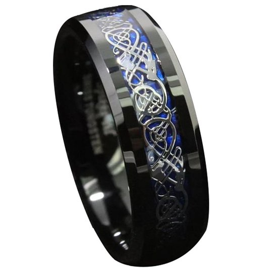 King Will Men's 8mm Blue Carbon Fiber Black Celtic Dragon Tungsten Carbide Ring Wedding Band