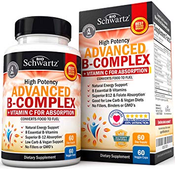 High Potency B Complex Vitamins with All 8 B Vitamins - B1, B2, B3, B5, B6, B7, B9, B12, Plus Folic Acid & Vitamin C for Maximum Absorption - for Immune System, Metabolism, Energy Support