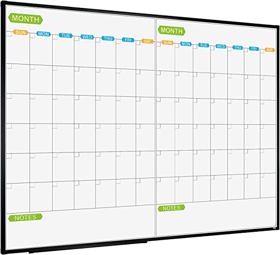 JILoffice Magnetic Dry Erase Calendar Whiteboard, 2 Month White Board Planner 48 X 36 Inch, Black Aluminum Frame Wall Mounted Board for Office Home and School