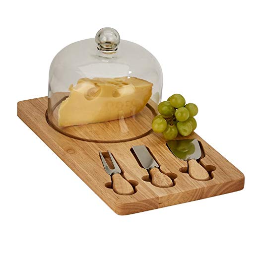 Creative Gifts International 15840 015840 Cheese Board with Glass Dome and 3 Utensils, Natural Wood