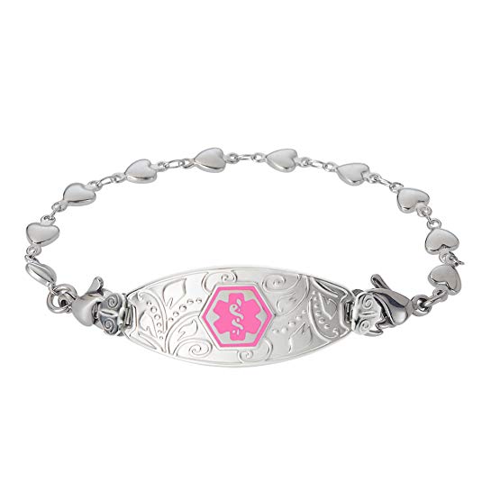 Divoti Deep Custom Laser Engraved Lovely Filigree Medical Alert Bracelet -Stainless Heart Link-Pink