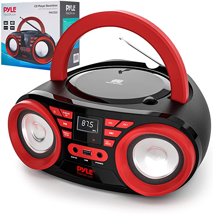 Pyle Portable CD Player Bluetooth Boombox Speaker - w/FM Stereo Radio & High Quality Audio Sound, Supports CD-R-RW/MP3/WMA, USB, AUX, Headphone, LCD Display, AC/Battery Powered, Red Black - PHCD22