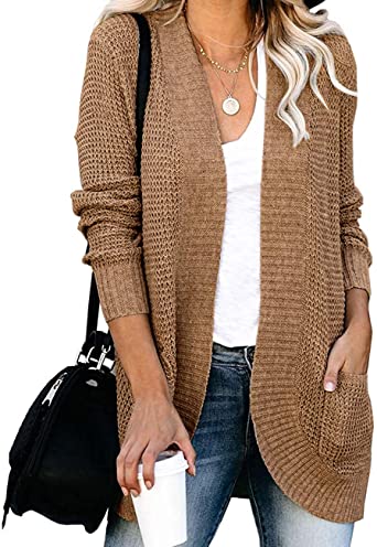 MEROKEETY Womens Long Sleeve Open Front Cardigans Chunky Knit Draped Sweaters Outwear with Pockets