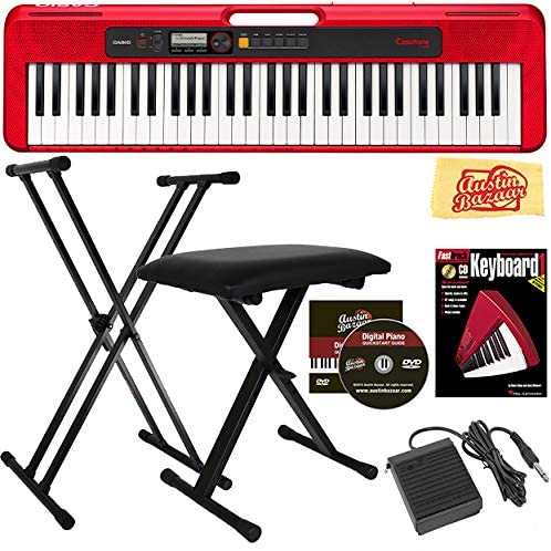 Casio Casiotone CT-S200 61-Key Portable Digital Keyboard Bundle with Adjustable Stand, Bench, Sustain Pedal, Instructional Book, Austin Bazaar Instructional DVD, and Polishing Cloth - Red