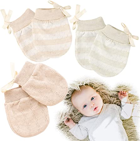 Kalevel 3 Pairs Newborn Baby Mittens No Scratch Cotton Gloves 0-2 Years Mixed Colors (M)