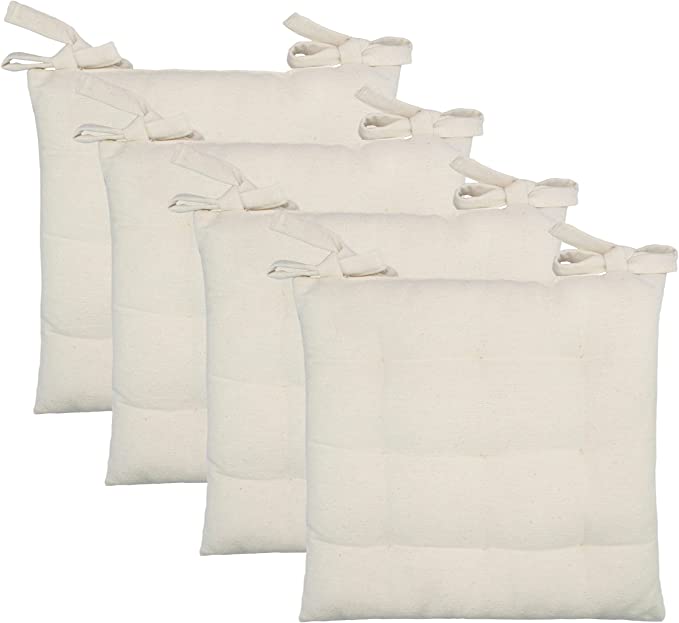 COTTON CRAFT - Ellora Natural Set of 4 Dining Cushion Chair Pads with Ties - Premier Cotton Durable Fabric Cover Thick Comfy Poly Fill - 17 in x 17 in - Natural Ivory - Indoor Use Only