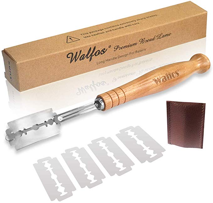 WALFOS Study and Sharp Bread Lame - Long Handle Design for serious Bakers, Leather Protective Cover and 5 Blades Included - Best Dough Scoring Tool