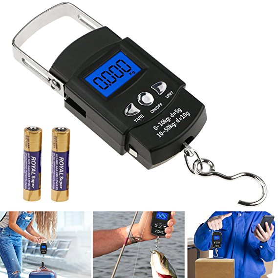 Buluri Luggage Scales Portable Travel Fishing Scale 110Ib/ 50kg Backlit LCD Screen Electronic Balance Digital Fish Hanging Hook Scale with 1M Measuring Tape Ruler