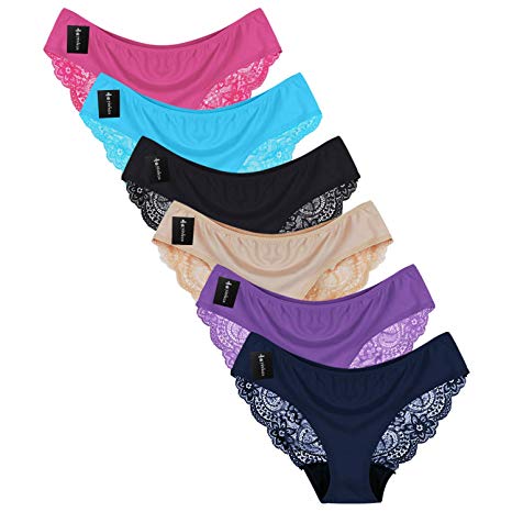 Sunm boutique 6 Pack Women's Invisible Seamless Bikini Lace Underwear Half Back Coverage Panties