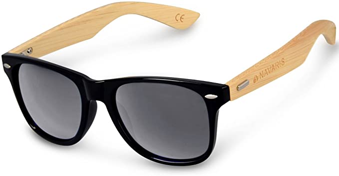 Navaris UV400 Bamboo Sunglasses - Unisex Retro Wooden Optics Glasses - Classic Wood Shades Women Men - Fashionable Eyewear with Case