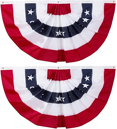 2 Pack SUNYAO American Pleated Fan Flag USA Pleated Fan Flag 1.5x3 Ft American USA Bunting Decoration Flags Embroidered Stars Sewn Stripes Canvas Header and Brass Grommets