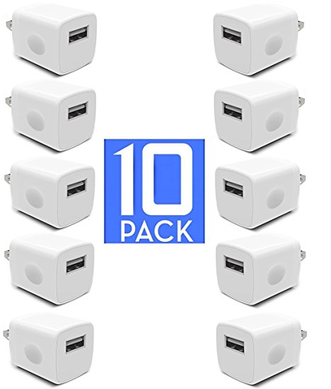 USB Wall Charger, Certified 5W / 1A PowerBoost USB Universal AC USB Home Travel Power Wall Charger High Speed 1.0A Output for iPhone iPod Samsung Galaxy Sony HTC LG iPod Nokia (10 Pack) White