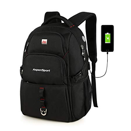 ASPENSPORT Laptop Bags for Men&Women Travel Backpacks Fit 15.6 Inch Large Computer Notebook College Rucksacks Anti Theft with USB Charging Port Black