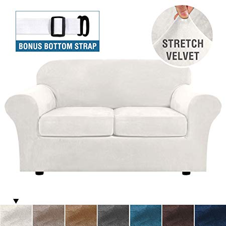 Real Velvet Plush 3 Piece Stretch Sofa Cover Velvet-Sofa Slipcover Loveseat Cover Furniture Protector Couch Soft Loveseat Slipcover for 2 Cushion Couch with Elastic Bottom(Loveseat,Ivory)