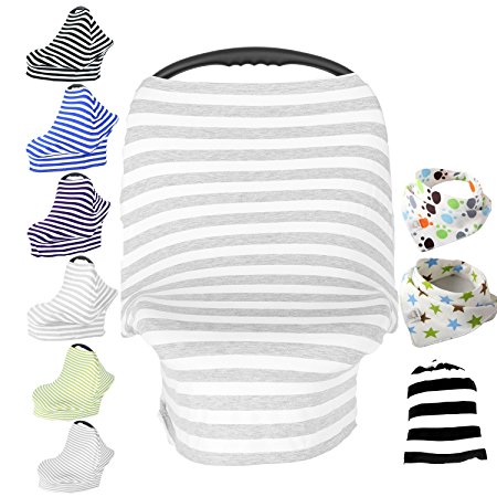 Baby Car Seat Cover & Drawstring Carry Bag Shower Gift Breathable Stretchy Universal 4 in 1 Multi-Use Infant Carseat Canopy Covers Shopping Cart High Chair Stroller (Gray/White Stripe)