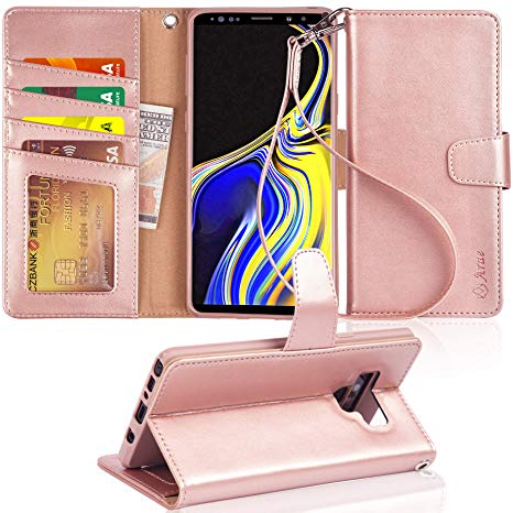 Galaxy Note 9 Case, Arae [Stand Feature] PU Leather Wallet case with Wrist Strap and [4-Slots] ID&Credit Cards Pocket for Samsung Galaxy Note 9 - Rose Gold