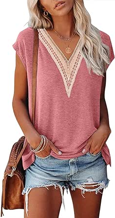 MEROKEETY Women's Casual Cap Sleeve Lace Trim V Neck Tops 2024 Summer Loose Tee Shirts Blous