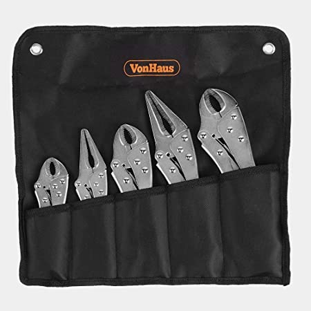 VonHaus 5pc Locking Plier Set - Mole Grips with Serrated Teeth Ideal for Gripping, Twisting, Holding - Long Nose & Curved Jaw - Corrosion/Rust Resistant
