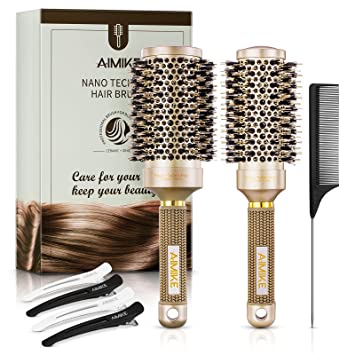 AIMIKE Round Brush Set, Nano Thermal Ceramic & Ionic Tech Hair Brush, Round Barrel Brush with Boar Bristles for Blow Drying, Enhance Texture for Styling, Curling and Shine, 1 Tail Comb   4 Hair Clips