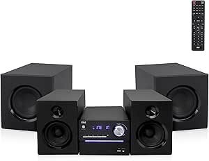 Pyle P.M.P.O CD/DVD Stereo System, 5-pc Wireless BT Streaming 6 Ohm Two-Way Wooden Speaker Box and Subwoofer, Digital Amplifier IC with MP3, USB, FM Radio, Bass Reflex Speaker