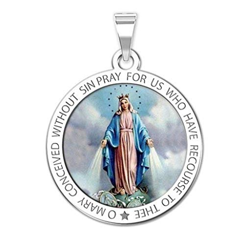 Miraculous Medal Round Color - Available in Solid 14K Yellow or White Gold, or Sterling Silver